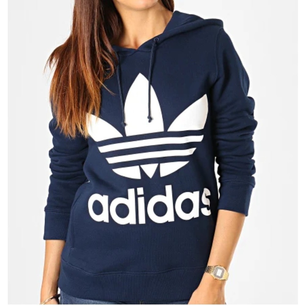Adidas Originals Hoodie Womens XL Navy Trefoil Logo Pullover Fleece Sweatshirt